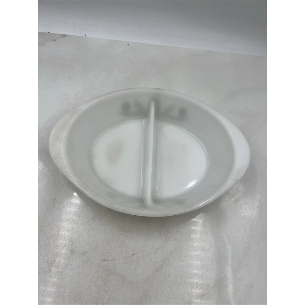 Vintage Glasbake Casserole Dish Milk Glass Divided Green Daisy Pattern J2352